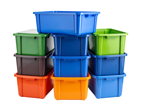 Stacked Colorful Plastic Storage Bins, Front View, Home and Office Organization, Isolated on Transparent Background