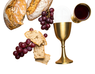 Top-Down Composition of Communion Elements on Wooden Surface, Minimalist Religious Concept, Isolated on Transparent Background
