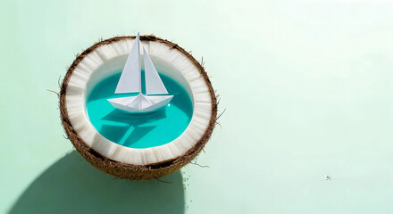 A small white paper sailboat floats in a half coconut filled with bright blue water