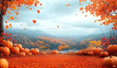 An autumn background with pumpkins and fall leaves set in an idyllic landscape featuring mountains and trees covered in orange foliage creating a warm atmosphere.