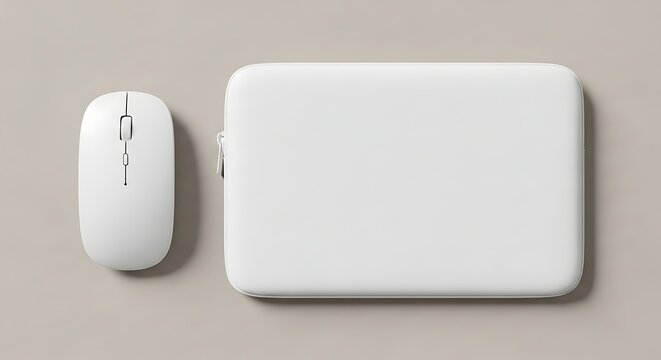 Minimalist Workspace - White Mouse and Rectangular Device on Neutral Background.