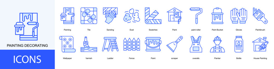 Fototapeta premium Painting Decorating icon collection set. Containing Painting, Tile, Sanding, Dust, Swatches, Paint, paint roller icon