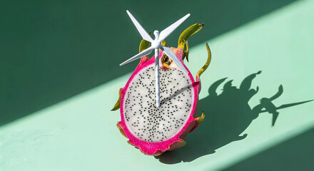 Dragon fruit with a miniature windmill on top, symbolizing renewable energy