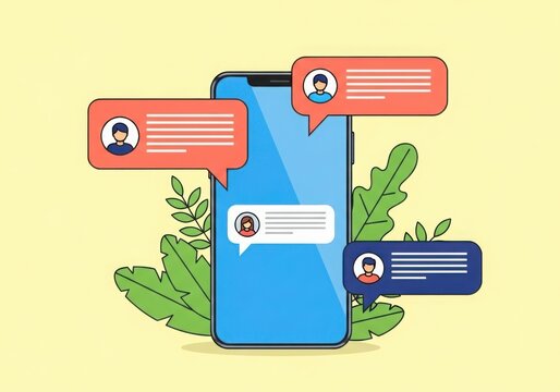 Modern smartphone displaying chat bubbles surrounded by lush greenery