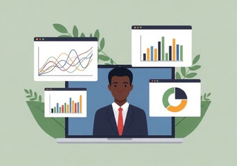 Professional black man analyzing financial charts and graphs in a modern office setting