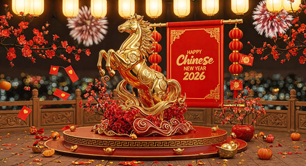 Golden horse statue with chinese new year decorations and fireworks