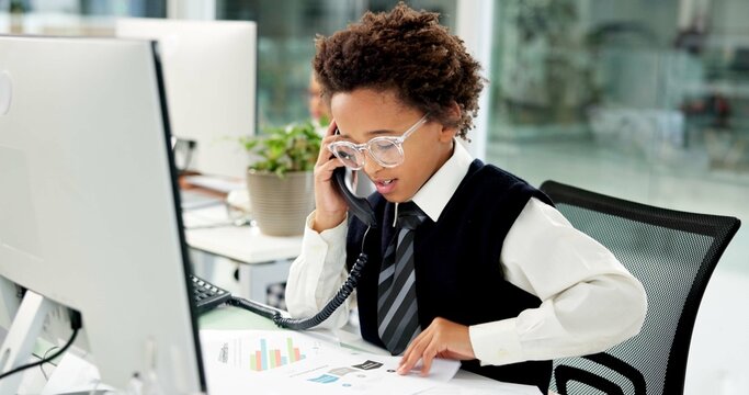 Phone call, documents and child in office for business deal, negotiation or communication with cosplay. Contact, technology and boy kid on mobile discussion for finance paperwork in workplace. - Powered by Adobe