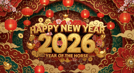 Happy new year 2026 year of the horse with traditional chinese lanterns and floral decorations