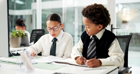 Business, kids and reading with document in office for accounting, finance report and pretend. Children, team and role play with paperwork of budget planner, financial audit and coworking in company