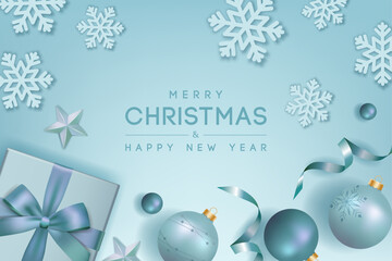 Fototapeta premium Merry Christmas Banner with Christmas Elements, Gift box and Snowflake. Vector illustration.