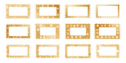 Collection of twelve unique golden vintage postage stamp frames with decorative edges and empty white centers