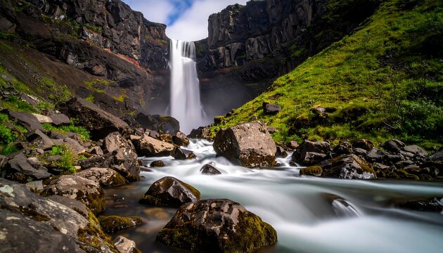 Silky waterfall flows through a rugged rock canyon