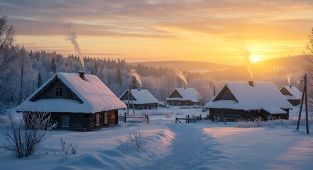 Winter Wonderland Village at Sunset with Snow-Covered Cabins and Golden Sky.