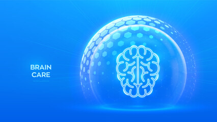Brain care and protection. Psychology and Neurology. Physician teaching about alzheimer, dementia disease. Human brain icon inside protection sphere shield with hexagon pattern. Vector illustration.
