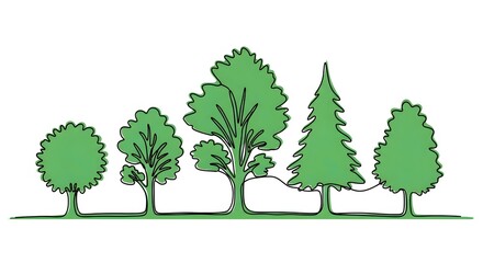 Minimalist Illustration of Diverse Green Trees Lined Up in a Forest Silhouette