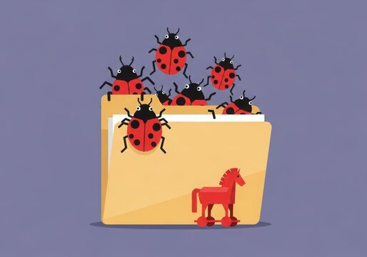 Ladybugs and trojan horse on folder symbolizing cybersecurity threats and data protection