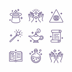 Obraz premium This enchanting image features a collection of magical symbols, including a hat, wand, and mystical elements, all presented in a captivating purple theme.