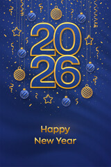 Happy New Year 2026. Hanging numbers 2026 with shining golden bauble balls, gold metallic stars, confetti on blue background. New Year greeting card, banner template. Realistic Vector illustration.