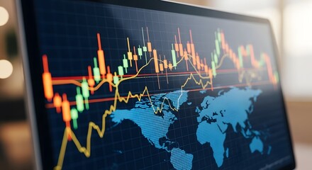 Laptop Screen Displaying Candlestick Stock Market Chart Overlayed on a World Map for Global Finance Concept