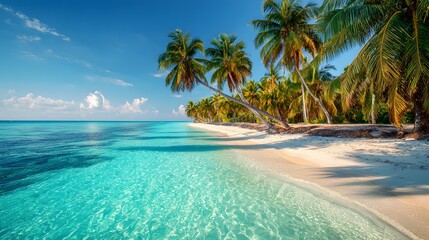 tropical beach with palm trees and turquoise sea, sunny sky, travel paradise