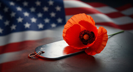 Red poppy resting on military dog tags with an American flag in the background as a solemn Veterans Day remembrance tribute