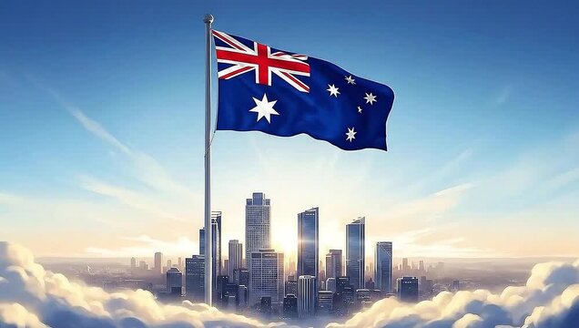 Animated Australian flag waving majestically over a modern city skyline rising above the clouds.