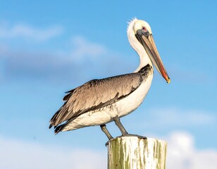 Brown pelican perched atop a wooden post against a vibrant blue and white sky