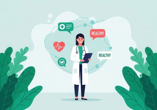 Friendly female doctor in lab coat with medical icons surrounding her