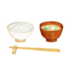水彩で描いたご飯と味噌汁のセット / Watercolor Illustration of Rice and Miso Soup Set