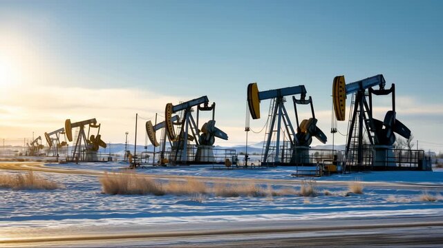 Oil pumps work in winter sunlight near a rural area showcasing industrial activity in the landscape