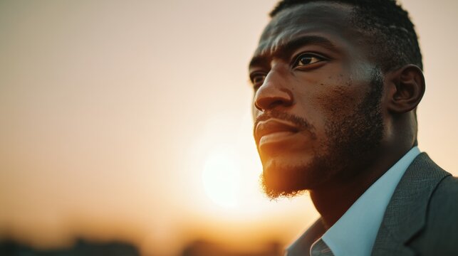 Thoughtful black businessman observing sunset, reflecting on future and success with copy space
