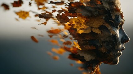 A person with an autumnal overlay, emphasizing artistry, nature, and imaginative atmosphere.