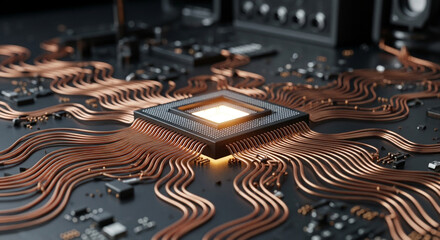 Close up of a glowing central processing unit cpu chip with intricate copper wiring on a dark circuit board background