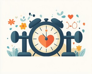 abstract illustration of balanced life showing clock, heart, and dumbbell in harmony, flat design with subtle pastel background 