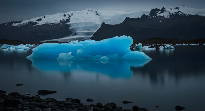 A vibrant blue iceberg floats in dark water with a backdrop of snowcapped mountains under an overcast sky - Powered by Adobe