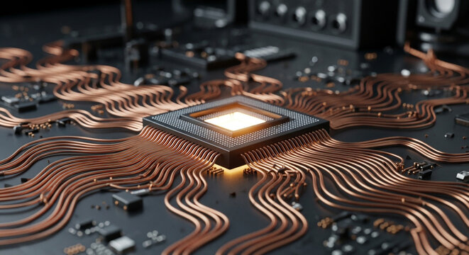 Close up of a glowing central processing unit cpu chip with intricate copper wiring on a dark circuit board background