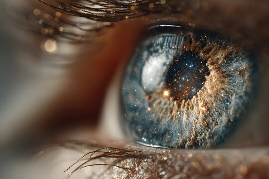 An eye with a cosmic overlay, emphasizing artistry, wonder, and imaginative atmosphere.