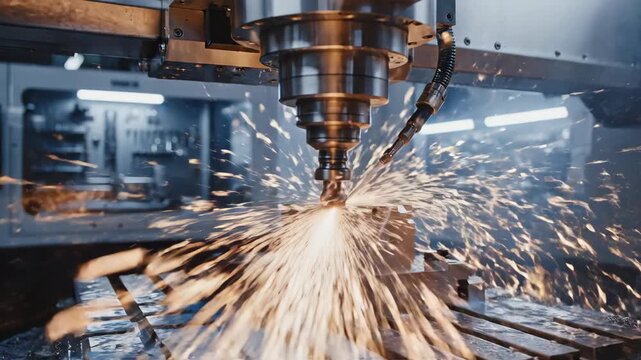 Precision machining process in a modern manufacturing facility with advanced CNC equipment at work on an aluminum block