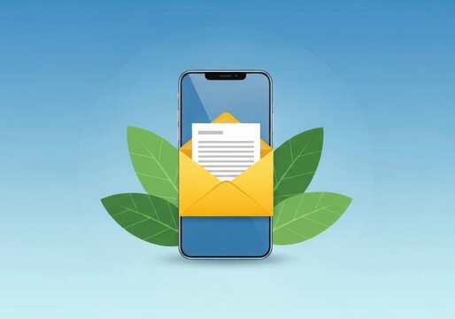 Modern smartphone displaying email envelope with nature leaves for communication concepts