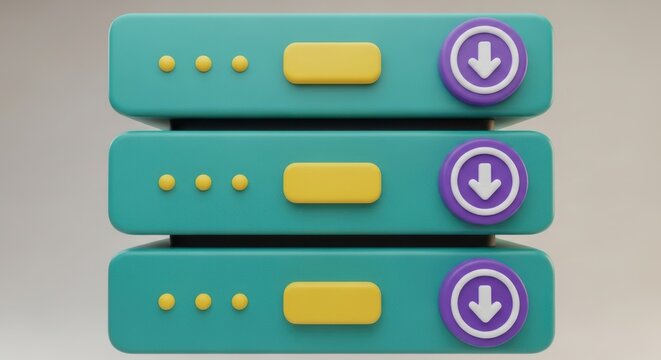Stack of three teal servers with download icons - Powered by Adobe