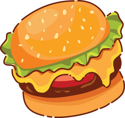 Delicious cartoon hamburger with sesame bun, fresh lettuce, melted cheese, juicy tomato, and a thick patty, ready to eat.