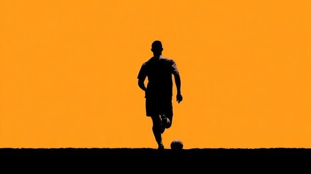 Silhouette of a soccer player running towards a ball on a vibrant orange background during sunset
