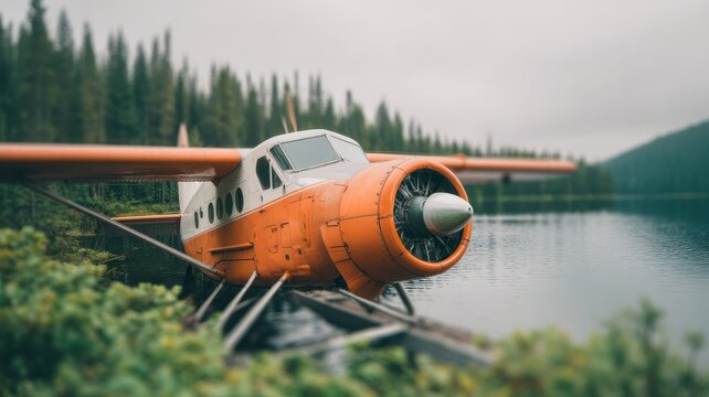 20s Exploration Wanderlust concept. Vintage floatplane on a serene lake surrounded by lush trees.