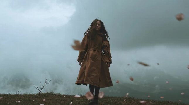 a girl in a brown coat standing on a grassy hill, with flower petals flying around her, a foggy sky, a cinematic feel, depth of field, dreamlike atmosphere, fantasy, an extreme wide shot, front view,