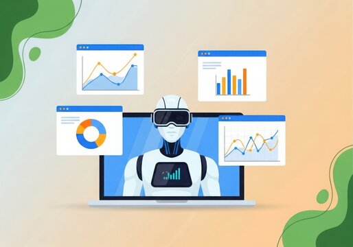 Ai robot experiencing virtual reality shows data analytics and digital growth on laptop screen
