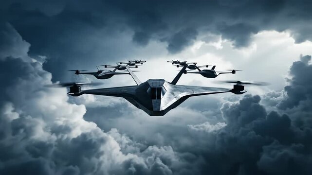 Futuristic drone squadron flying through dramatic stormy clouds