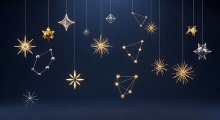 Elegant Hanging Gold and Silver Star Decorations and Constellations on Dark Blue Background