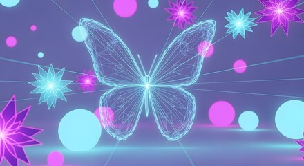 Neon Wireframe Butterfly in Cyberpunk Digital Space with Glowing Orbs