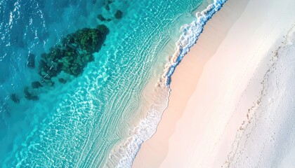 Tropical Island Aerial View With Bungalow Overlooking Turquoise Water Shallow Reef And Sandy Beach During Bright Daylight With Gentle Waves Lapping Shore