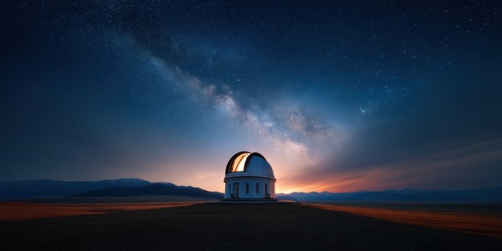 20s Exploration Wanderlust concept. Stunning observatory under a starry sky at sunset.